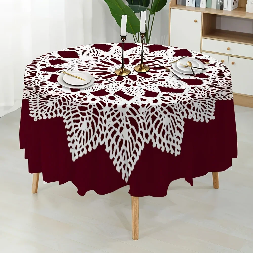 One piece of elegant round tablecloth, featuring a complex crochet floral design - in burgundy and white fabric.