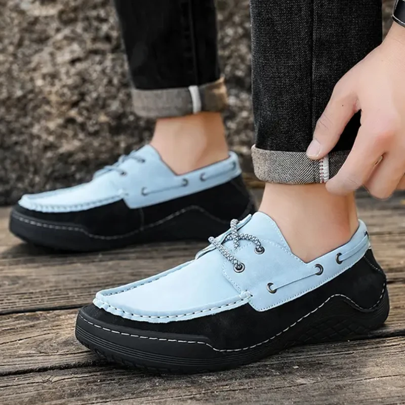 Sepatu musim semi kasual untuk pria, sepatu loafer bertali kepala bulat warna campuran, sepatu Sneakers nyaman anti selip ringan ukuran besar untuk pria
