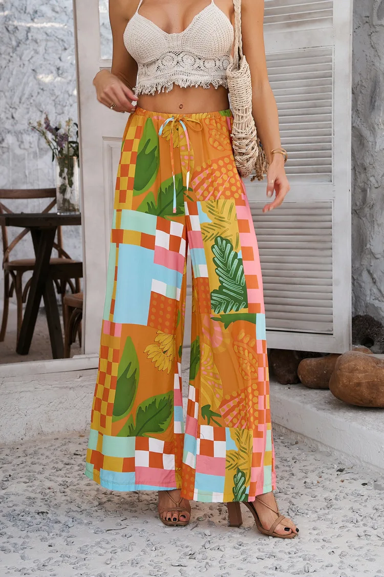 

Fashion Boho Printed Trousers For Women Spring Autumn Fashion All Match Vacation Style High Waist Lace Up Wide Leg Pants