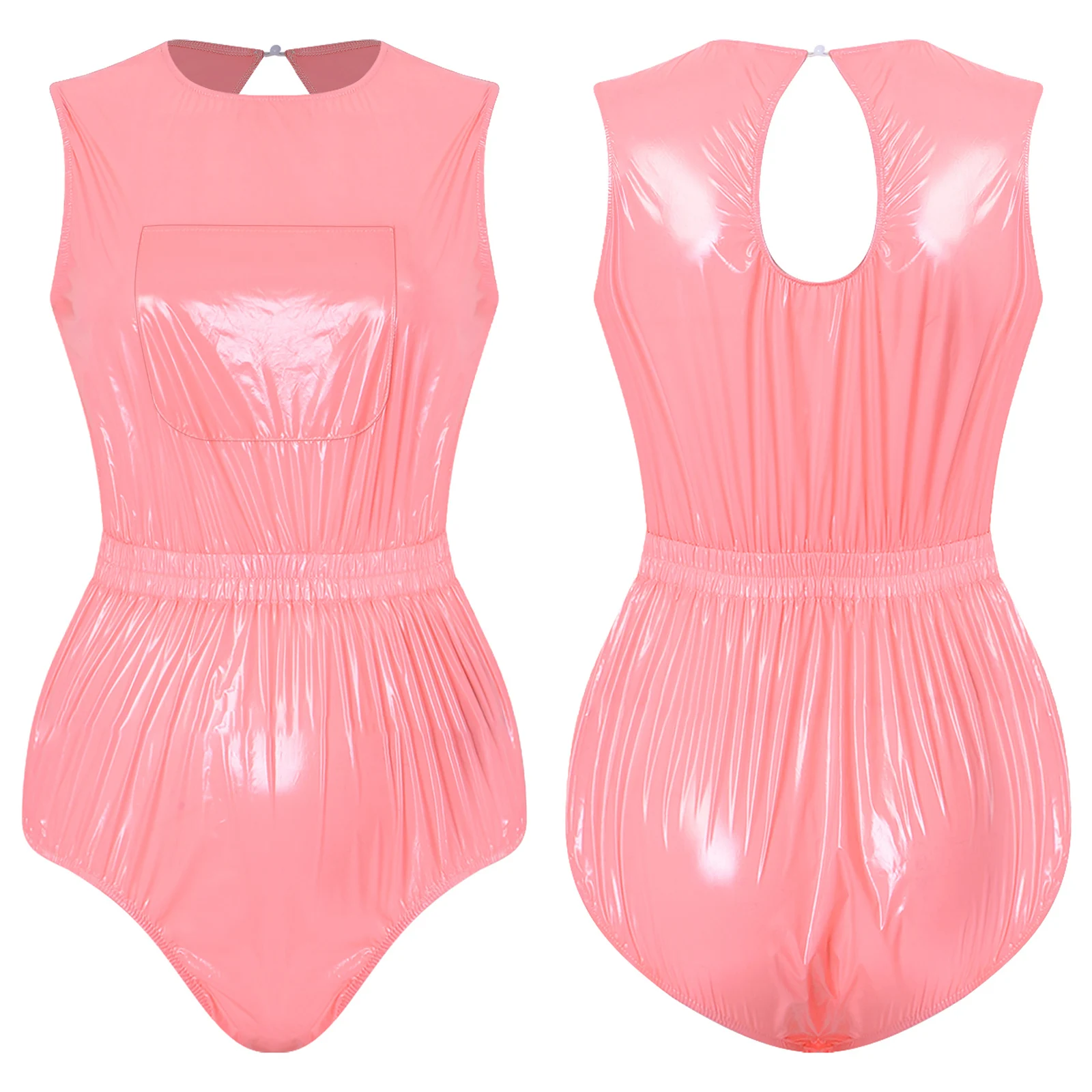 Womens Waterproof Vinyl Leotard Swimsuit Sleeveless Front Chest Pocket Buttoned Crotch Bodysuit Swimwear Diaper Cover Clothes