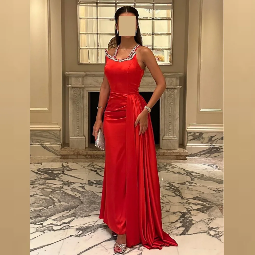 

Satin Sequined Beading Ruched Valentine's Day A-line Square Neck Bespoke Occasion Gown Long Dresses