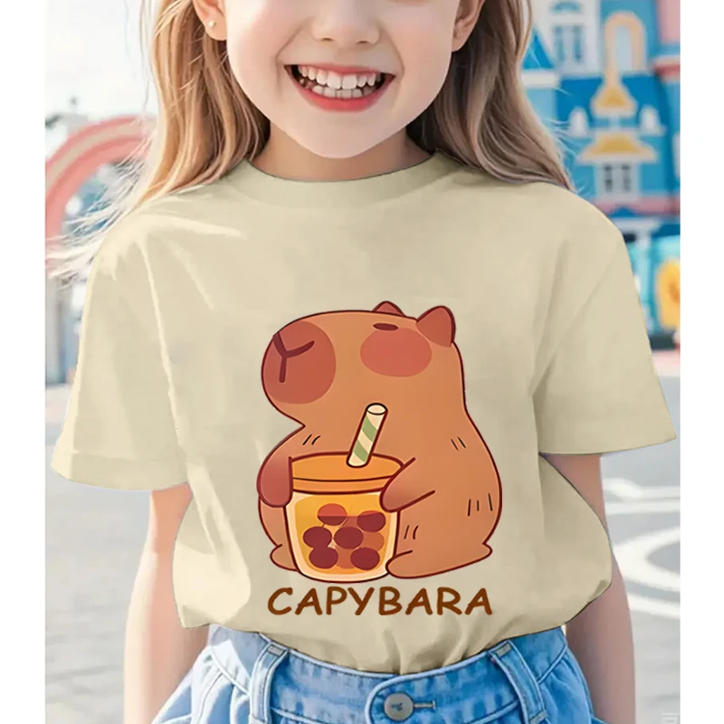 

Cotton Summer Kids Shirt Cute Capybara Drinking Boba Bubble Tea Print T-shirt Capybara Lover Gift Cartoon Baby Girl Boy Clothes