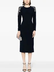 HIGH Quality Newest 2024 Designer Fashion Women's Long Sleeve Rhinestone Diamonds Beaded Midi Dress