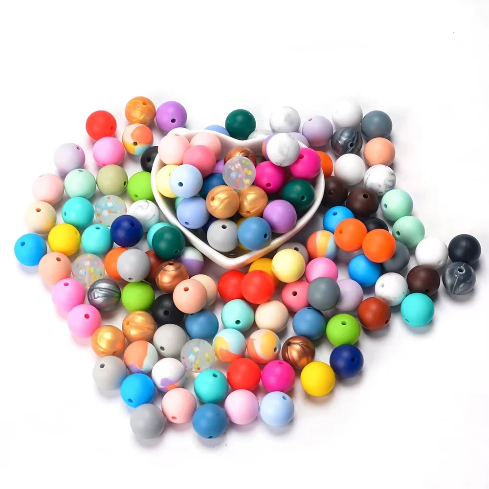 LOFCA 12mm 100pcs Silicone Beads Round Teether Baby Nursing Necklace Pacifier Clip Oral Care BPA Free Food Grade Colorful