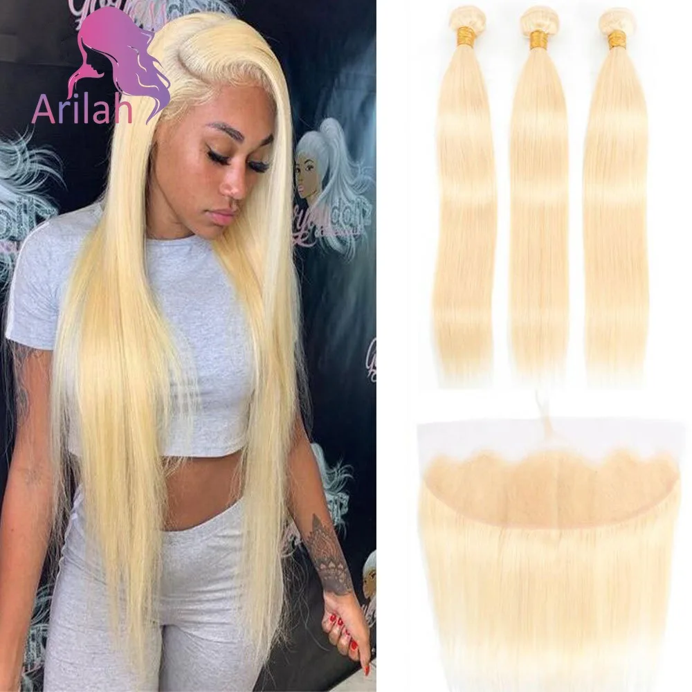 

2/3 шт., прямые человеческие волосы 613, пучки блондинок с кружевом 13x4, фронтальная часть, 100% необработанные бразильские девственные волосы, класс 12А, 100 г/шт.