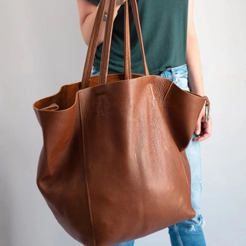 Brown Oversized Leather Tote Bag Shoulder Bag Slouchy Tote Handbag for Women Weekender Soft Leather Bag Campus Bag