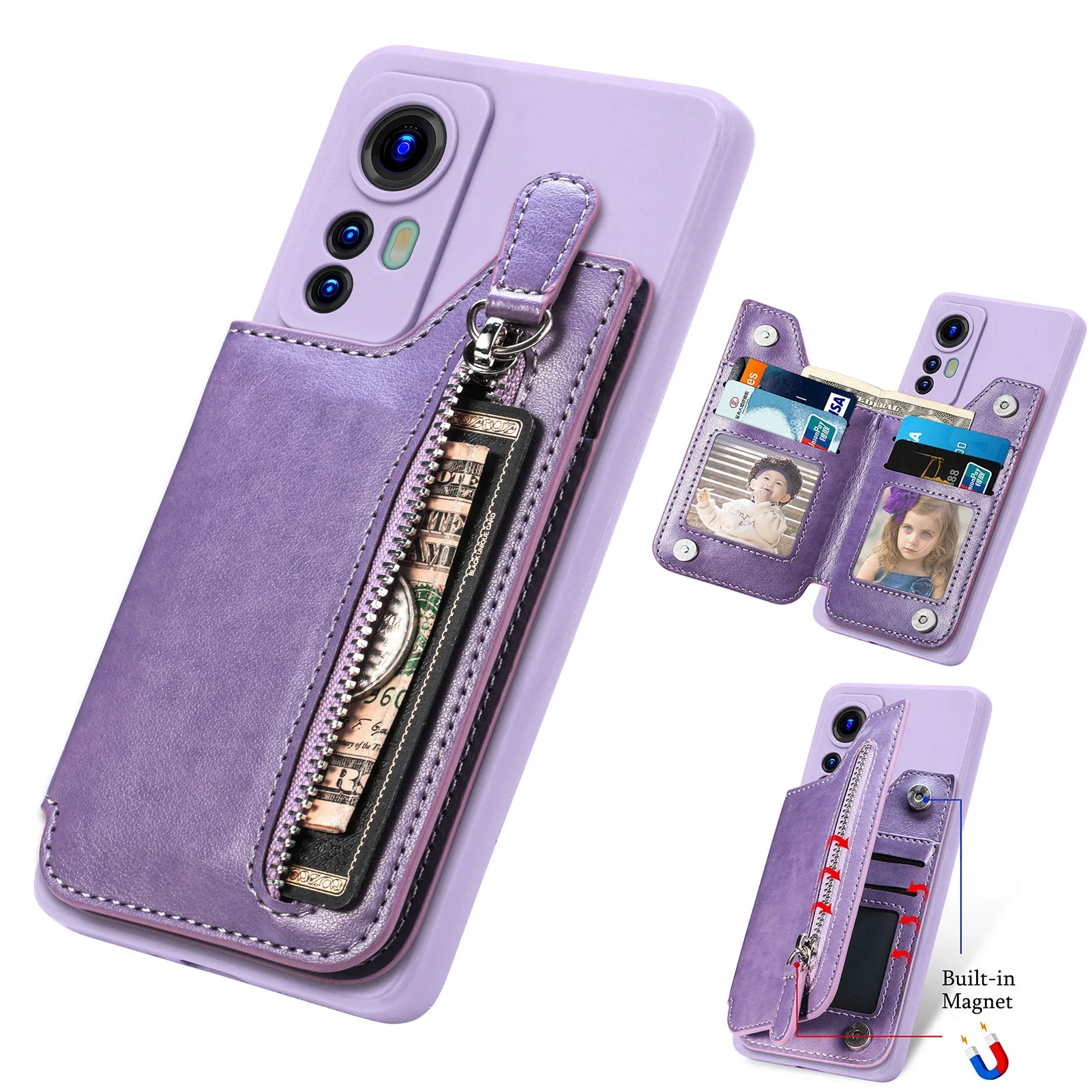 Zipper Wallet Card Holder Leather Case For XiaoMi 12 Pro 12X POCO X3 NFC For Redmi Note 11 11S 11E 10C X4 Pro 5G Magnetic Cover