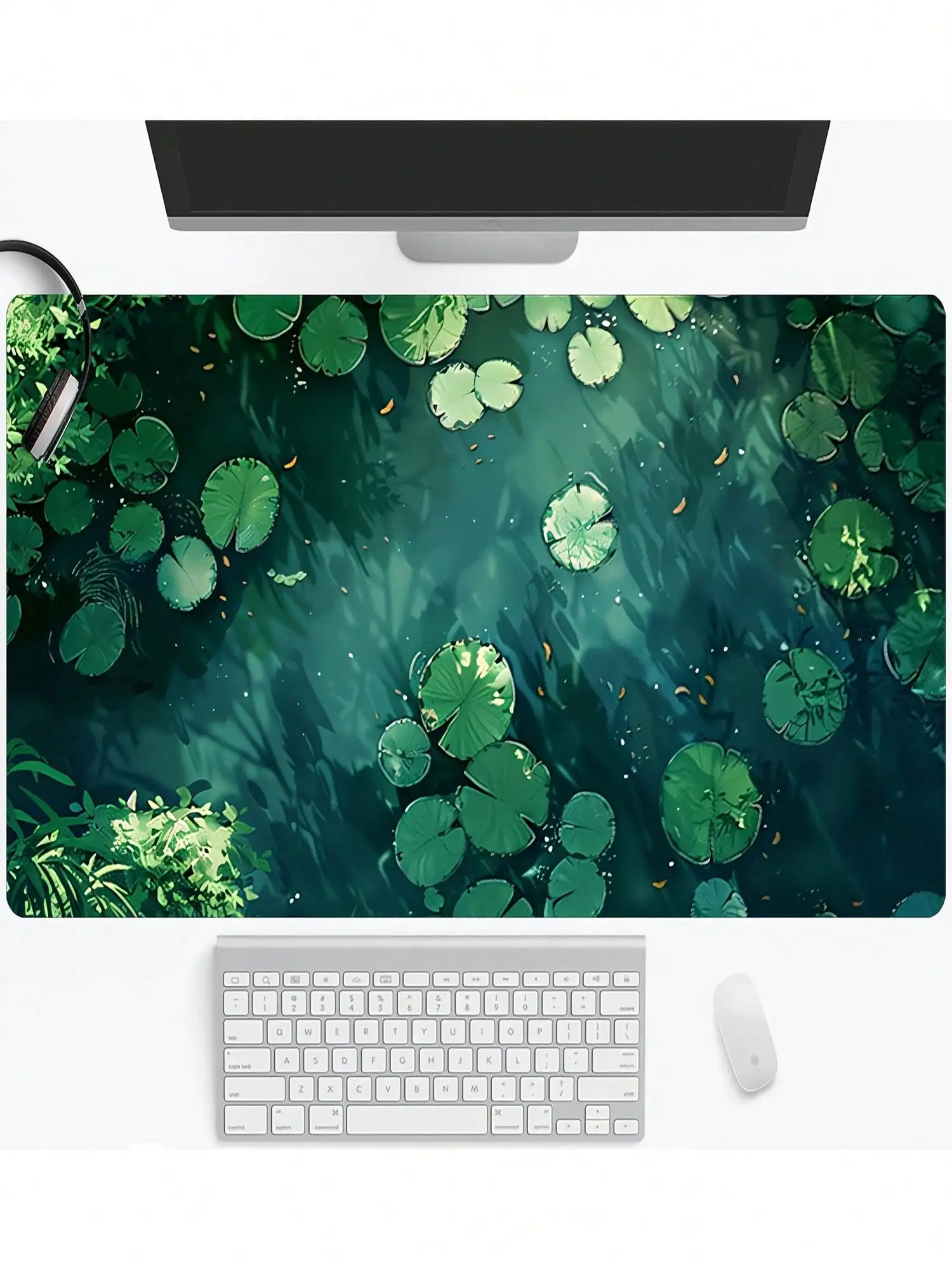 Large Green Lily Water Pattern Mouse Pad - Ultra-Smooth Surface, Stitched Edges, Non-Slip And Waterproof Rubber Base, Tranquil Aquatic Plant Pattern, Suitable For Office And Home Desktop Decoration - Green Lily Illustration - Rubber Mouse Pad