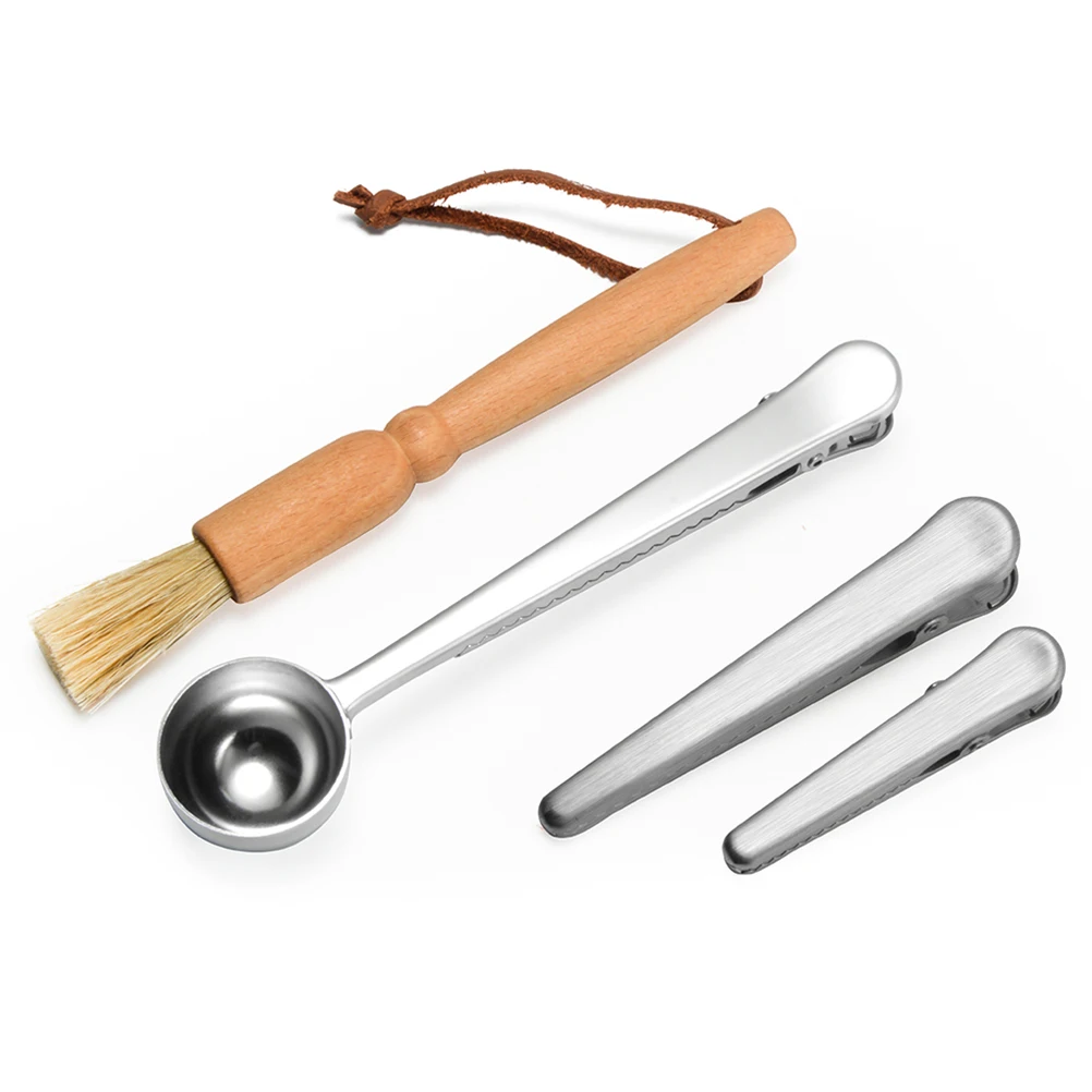 

Coffee Cleaning Tool Set Stainless Steel Scoop Measuring Spoons Clip Sealing Clips Wooden Brush Storage Pouch Coffee Tea Sugar