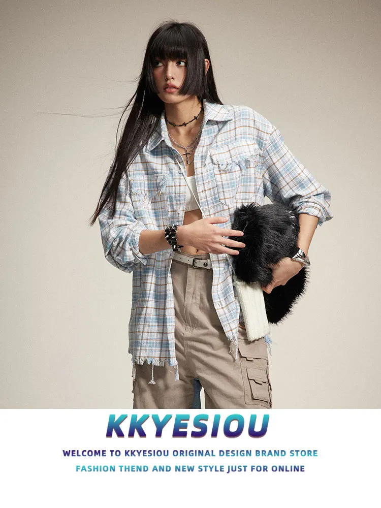 

KKyesiou Американская ретро-рубашка в клетку с длинным рукавом, винтажная, весенняя, для мужчин и женщин, парная верхняя одежда свободного кроя, молодежный тренд, хлопок