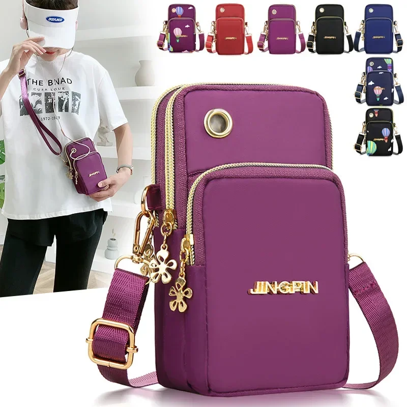 Mini Bolsa Crossbody Feminino, 3-Layer Zipper, Nylon, Vertical, Mudar de Modelo, Celular, Novo