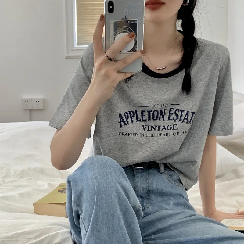 Xinyu American Contrast Color round Neck Short Sleeve T-Shirt Women Summer Letter Print Loose Short Vintage Student Top Women