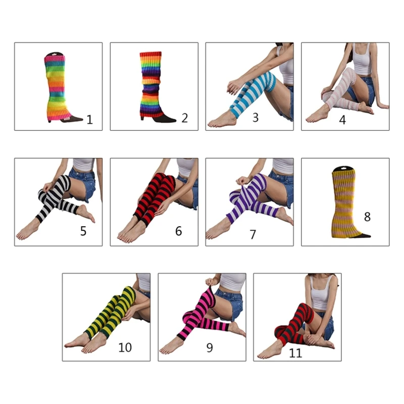 Womens Striped Leg Warmers Adult Junior 80s Ribbed Knitted Over Knee High Long Socks for Neon Party Fall Winter Sports