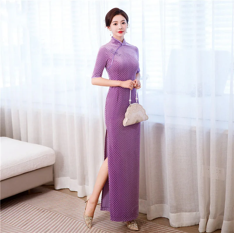

2023 New Autumn Velvet Cheongsam Plus Size Qipao Women Vintage Plaid Dress Wedding Party Costume Evening Dresses S To 6XL
