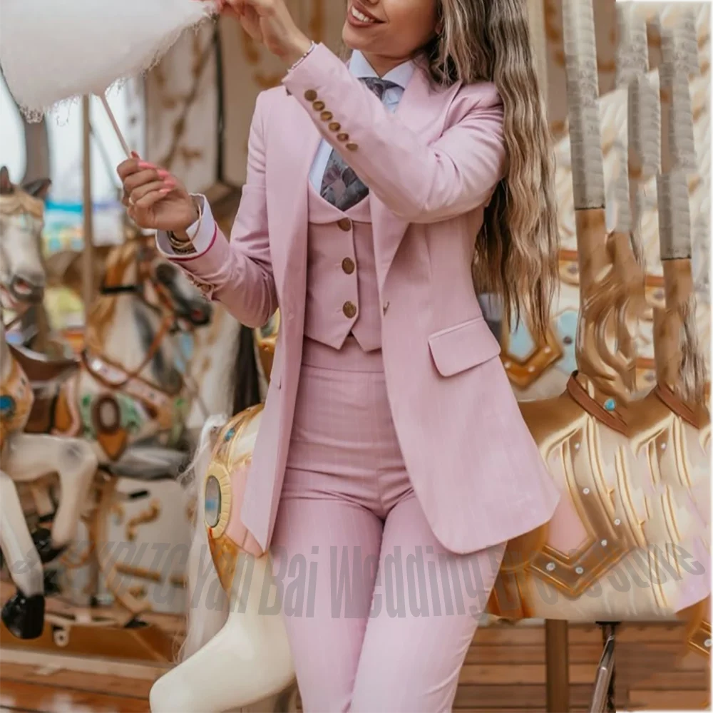 

Pink Striped Women's Suit High Quality Fashion Slim Fit Outfit Peaked Lapel Elegant Exquisite Female Clothing Three Pieces