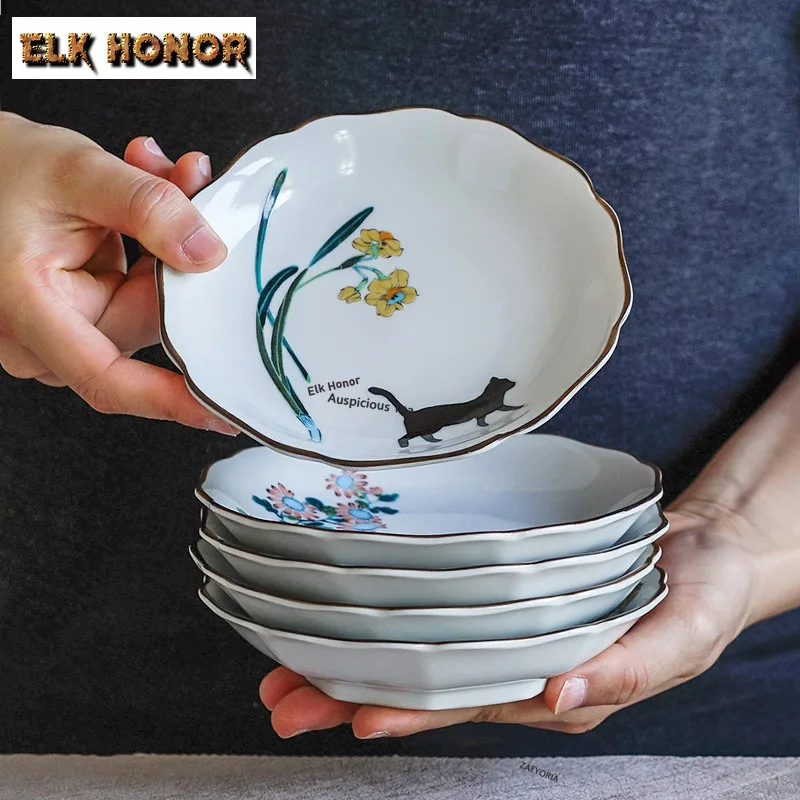 ZAEYORIA Kutani Ware Cute Kitten Ceramic Serving Plate Food Plate Plates for Food Dish Hot Pot Noodle Tray Restaurant Cutlery