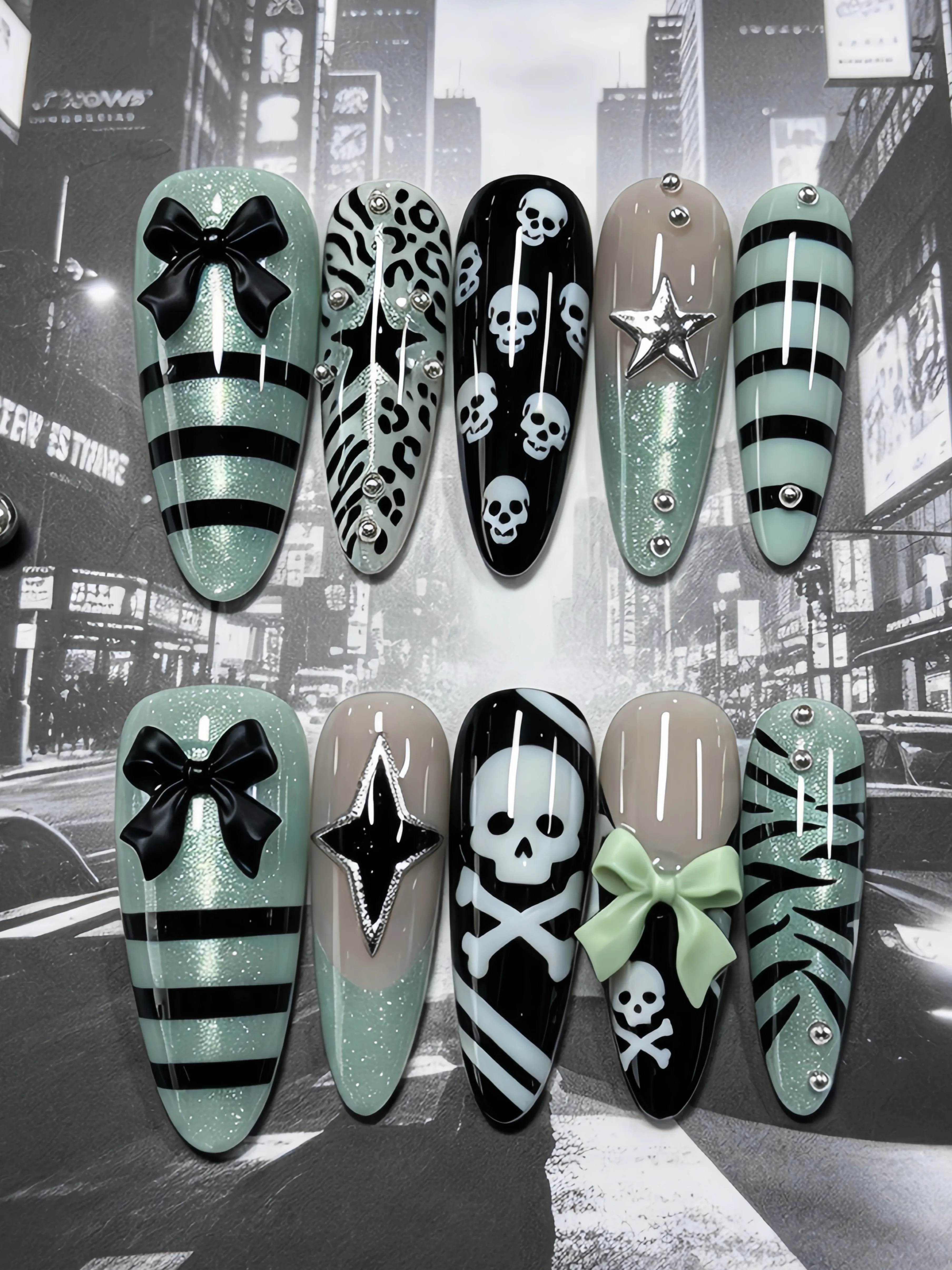 Mint Green and Black Contrasting Color Oval-Shaped Press-On Nails with Skull Bones, Animal Prints, and 3D Bow Nail Stickers
