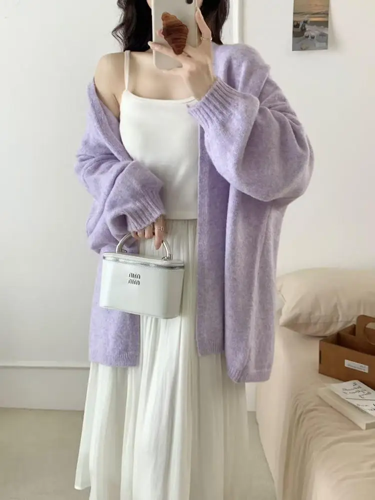 

Autumn White Solid Long Sleeve Cardigan Sweater Korean Fashion Women Clothes Vacation Knitted Tops Simplicity Casual Streetwear