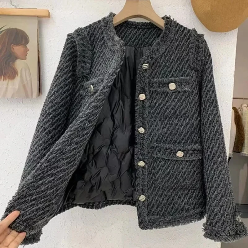 

Black Short Wool Coat 2024 Spring Autumn Season Large Women's Korean Versatile Suit Fashion Top Women Down Cotton Jacket