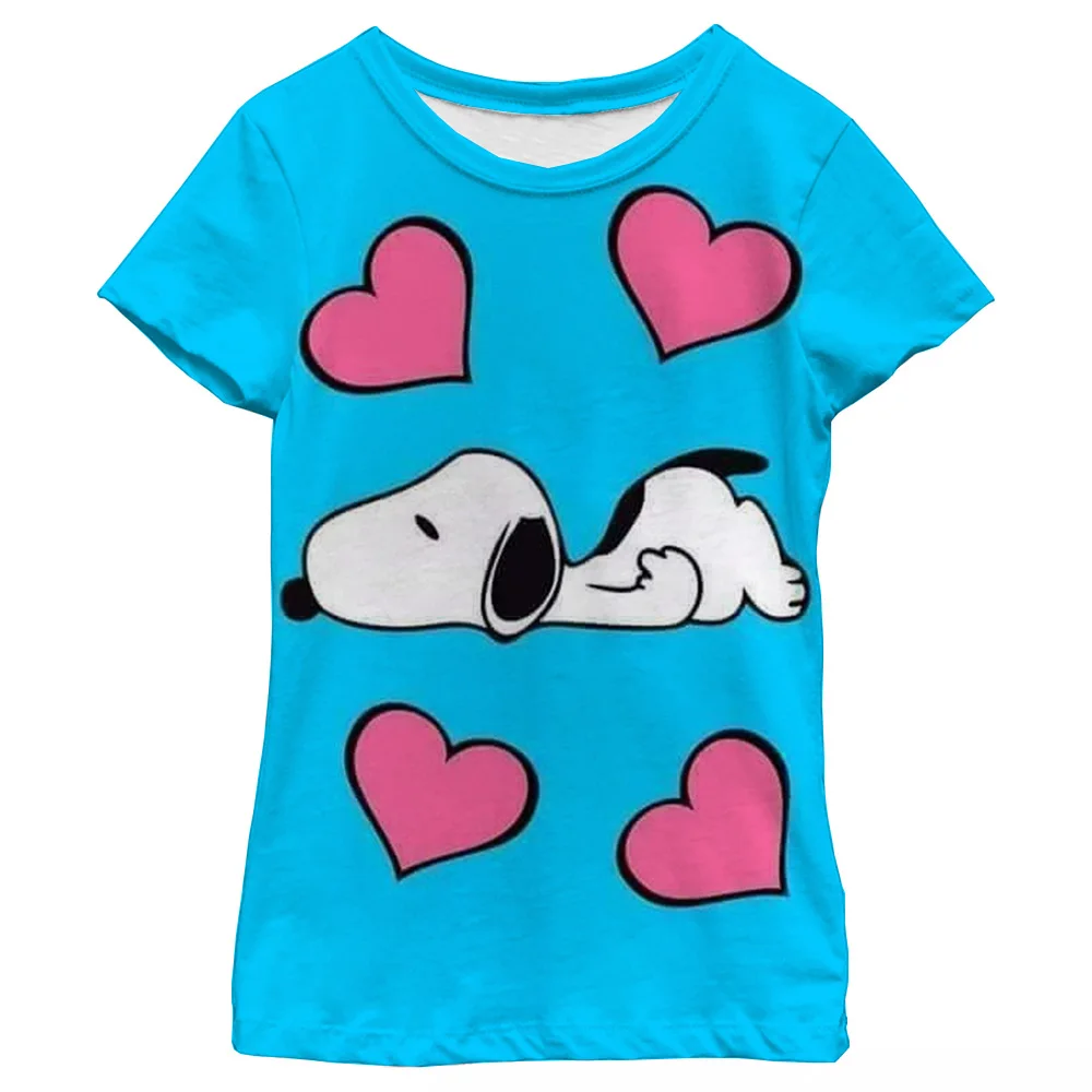 Snoopy การ์ตูนพิมพ์แฟชั่นเสื้อยืดกราฟิกสําหรับสาวฤดูร้อนที่สมบูรณ์แบบกลางแจ้ง Active Fun แขนสั้น Tee เสื้อผ้าเด็ก