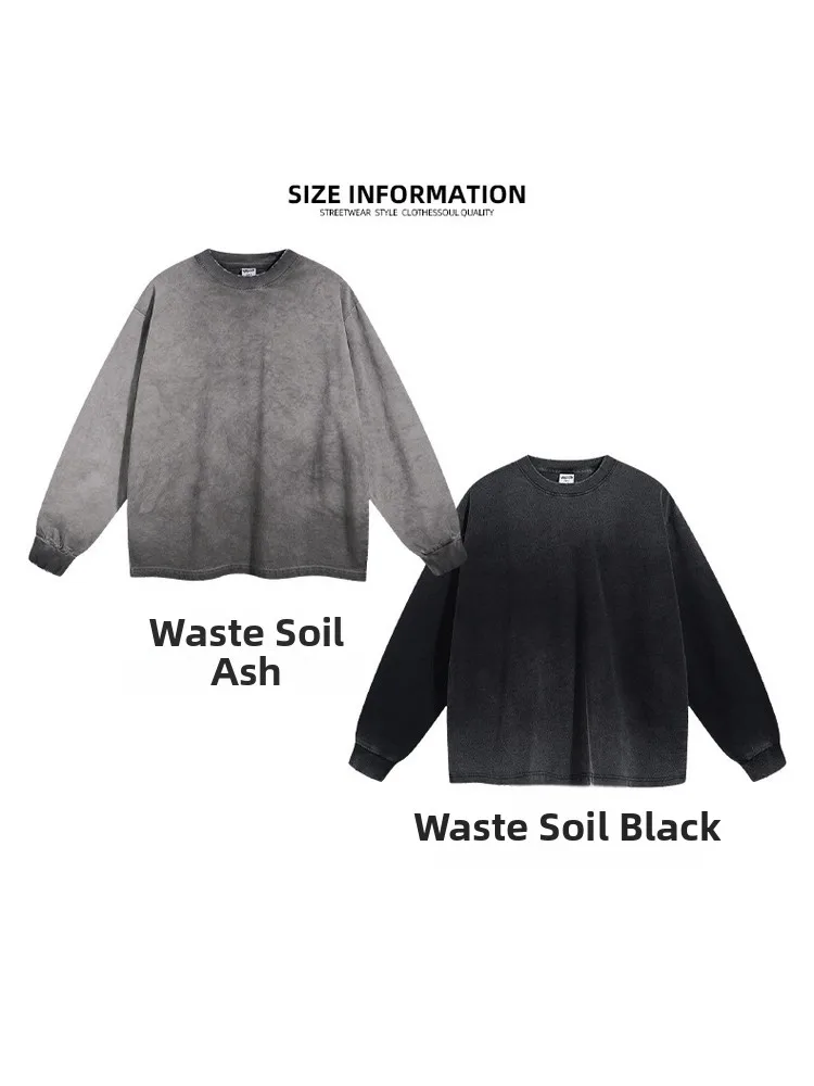 

American Street Style Versatile Small Collar Heavyweight 275g Sand Washed Distressed Faded round Neck Loose Long Sleeve T-Shirt