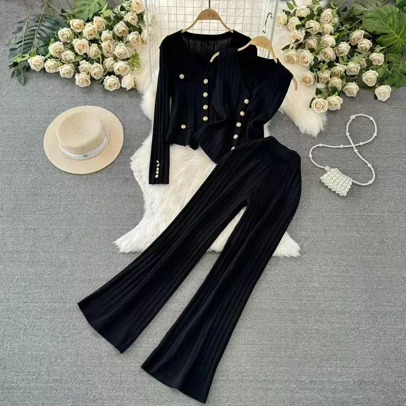 Fashionable Long Sleeve Suit Knit Sweater Loose-Fit Stand Collar Side Slit Bell Bottom Two-Piece Set Spring Autumn Season