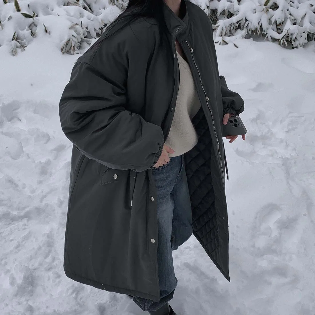 Cappotto Parka in cotone Thiened Colletto alla coreana retrò da donna Vestibilità ampia Vita con coulisse Capispalla in cotone Jaet Primavera Autunno Inverno