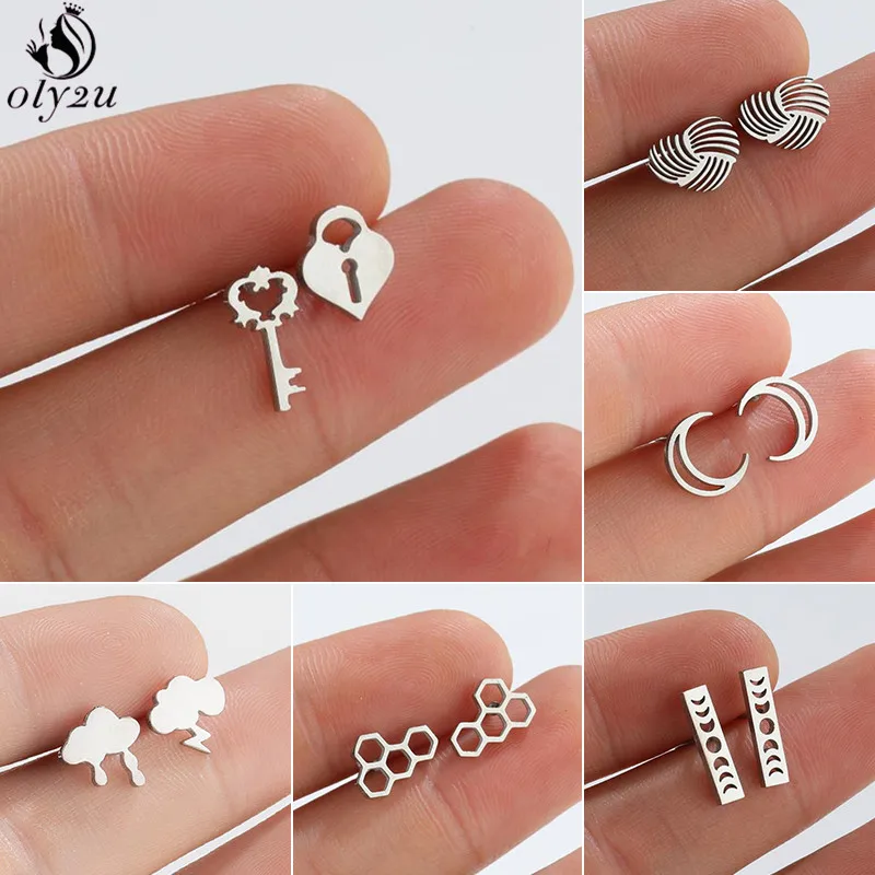 Tiny Minimalist Geometric Stud Earrings for Women Fashion Cloud Heart Moon Sun Earings Cute Key Lock Ear Piercing Jewelry Gifts