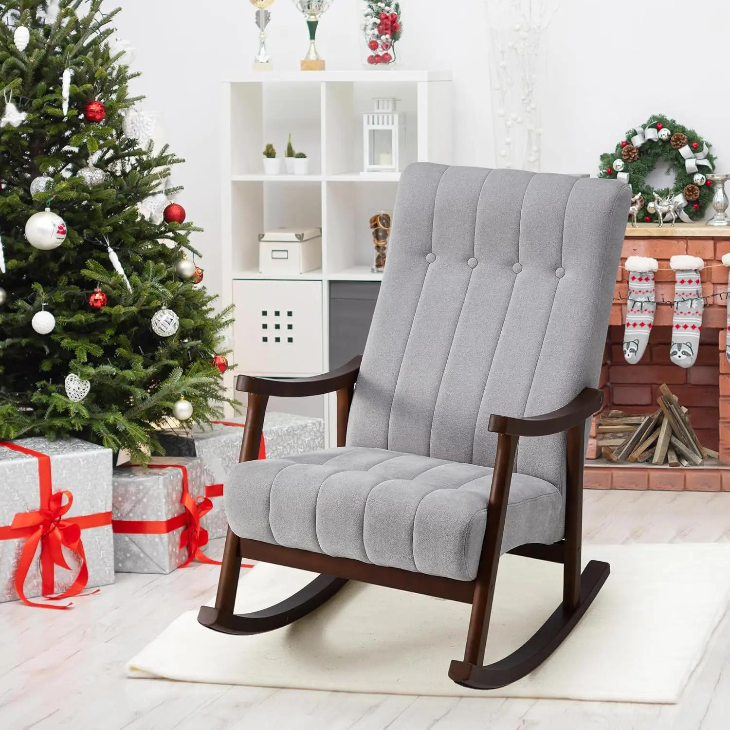 كرسي مع مقعد مبطن بالقماش، خشب متين مريح لغرفة المعيشة، كرسي بذراعين حديث عالي الظهر للبالغين، رمادي فاتح