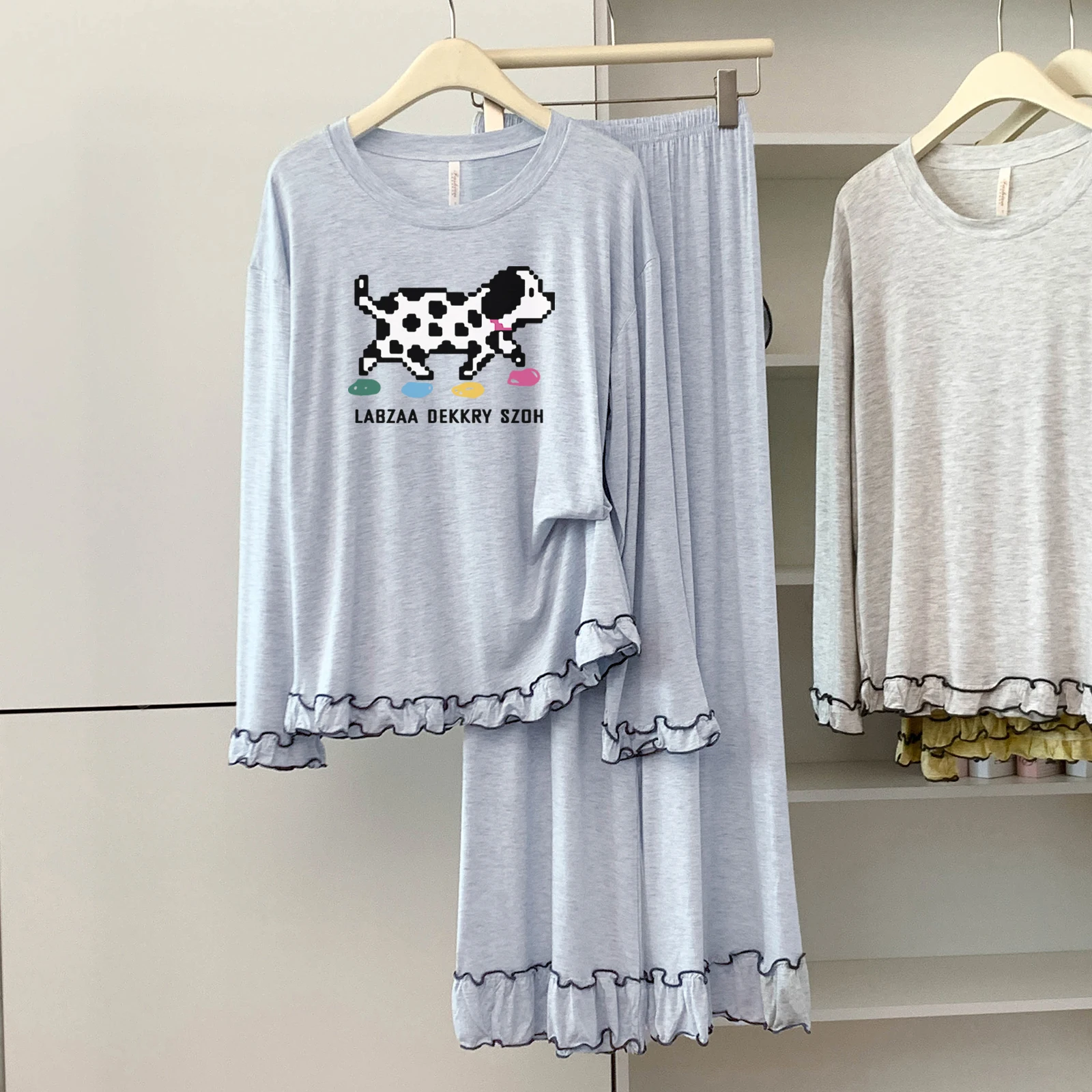 

5174-299 Modal Cotton Round Neck Long-Sleeved Long Pants Pajamas for Women Spring and Autumn Thin Loose Soft Comfortable Home Wear