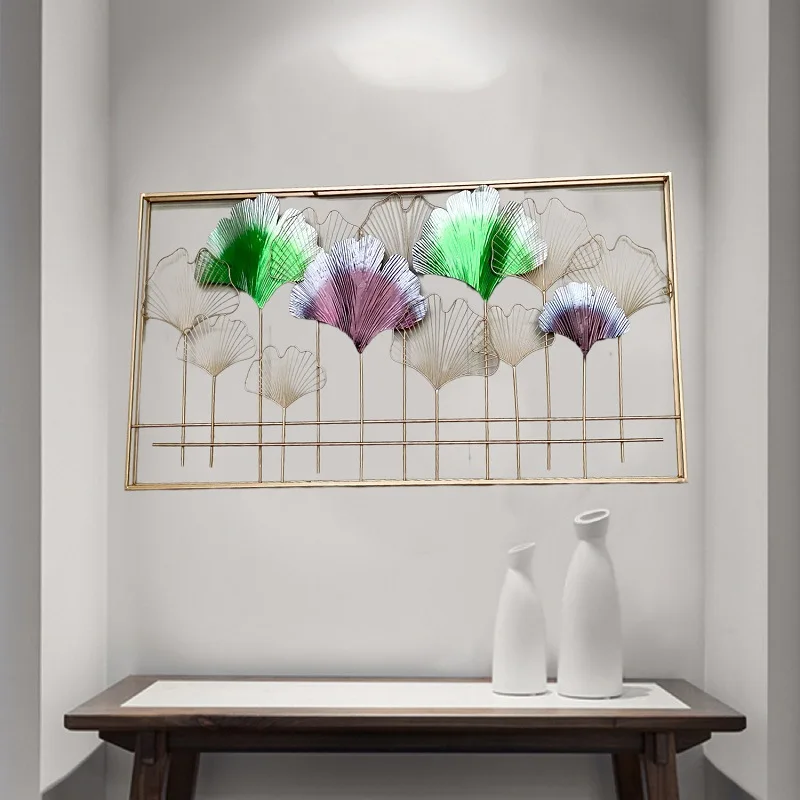 New Chinese style ginkgo biloba wall hanging living room background wall entrance metal wall decoration wrought iron pendant wit