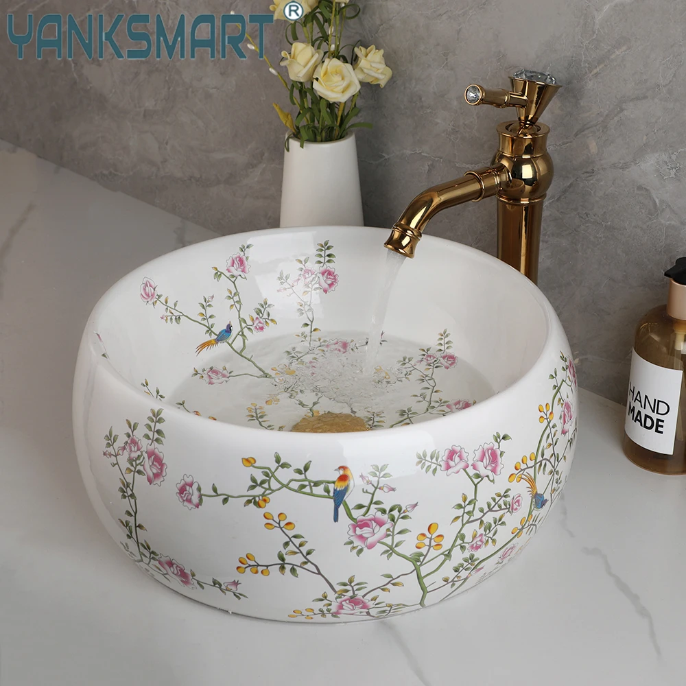 YANKSMART Art Round Ceramic Flower Bird Bathroom Bowl Vanity Vessel Gold Sink Mixer Water Faucet W/ Pop-up Drain Combo Kit