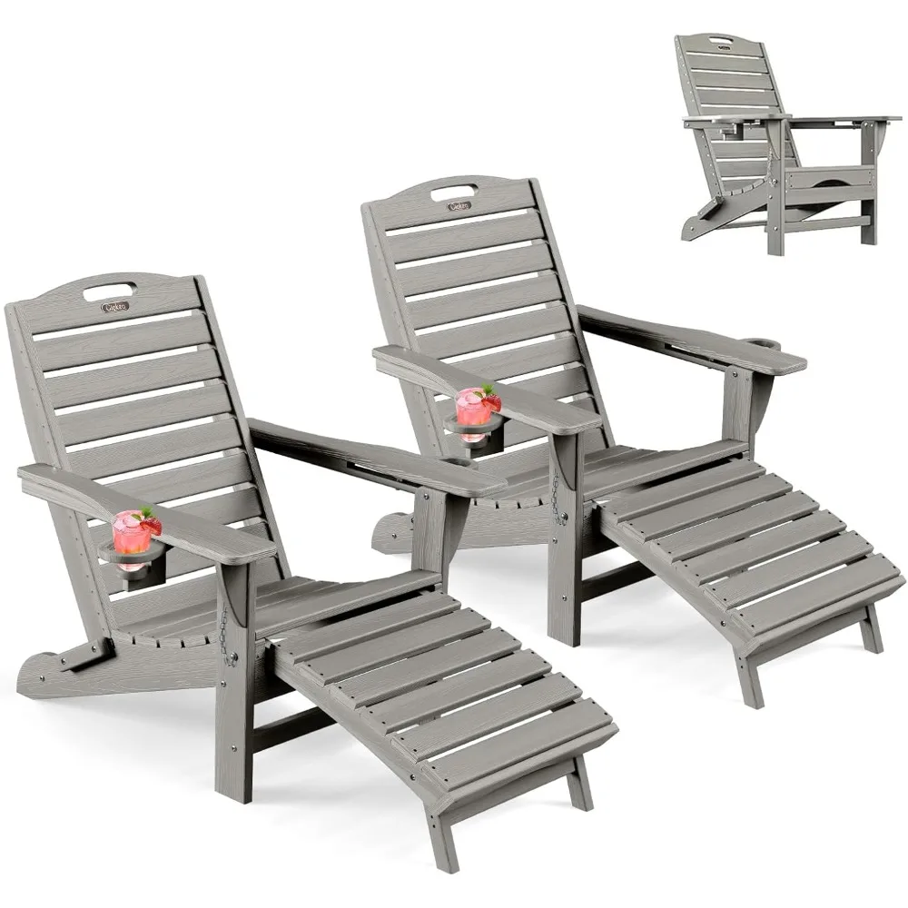 

Folding Adirondack Chair Set of 2 with Retractable Ottoman, Outdoor Fire Pit Chair with Pull Out Foot Rest Weather Resistant La
