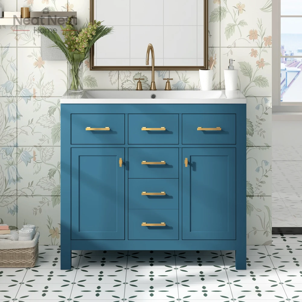 

Bathroon Vanity with Resin Sink Combo Set,with 4 Drawers & 2 Cabinets,Storage Cabinet for Bathroom, Solid Wood Frame Vanity Set