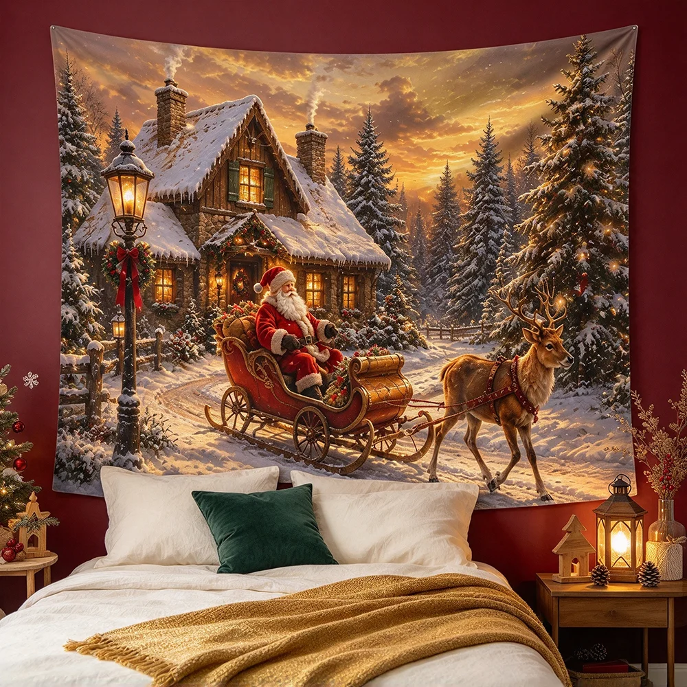 1PCS Tapestry, Santa Sleigh Reindeer Snowy Cabin Sunset Scene, Holiday Party Decoration for Home Studio Wall