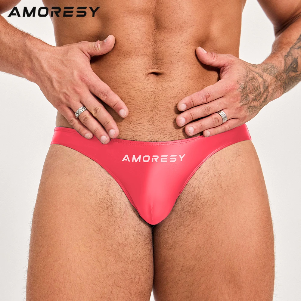 AMORESY-Men\'s Spandex Shorts Monochromatic Ultra Low Waisted, Sexy Sports Beach Odortable, Smooth T-Back Swimming Trunks, Briefs