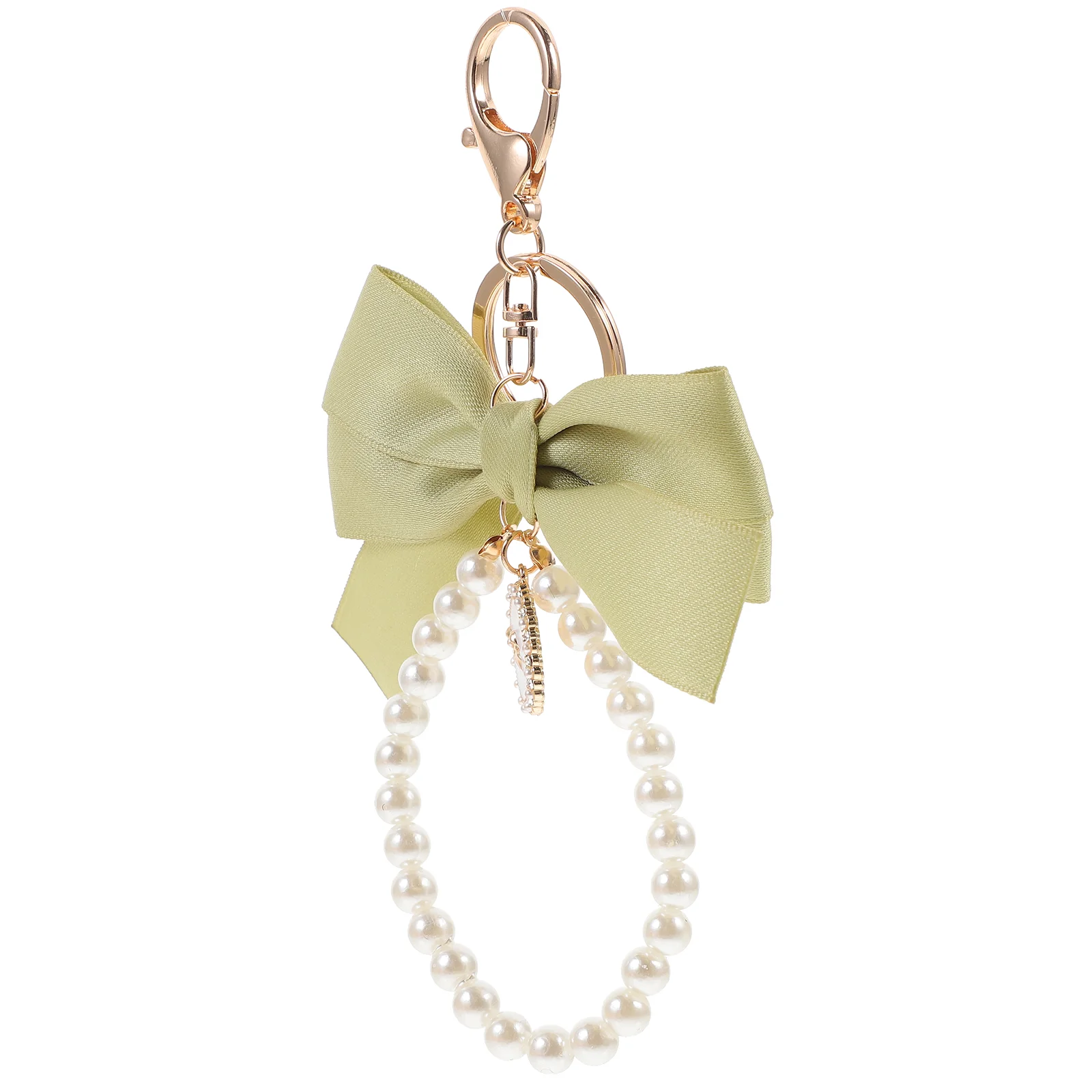 Purse Charm Bow Keychain Wrist Straps Pearl Wristlet Lace Olive Green Imitation Pearls Man