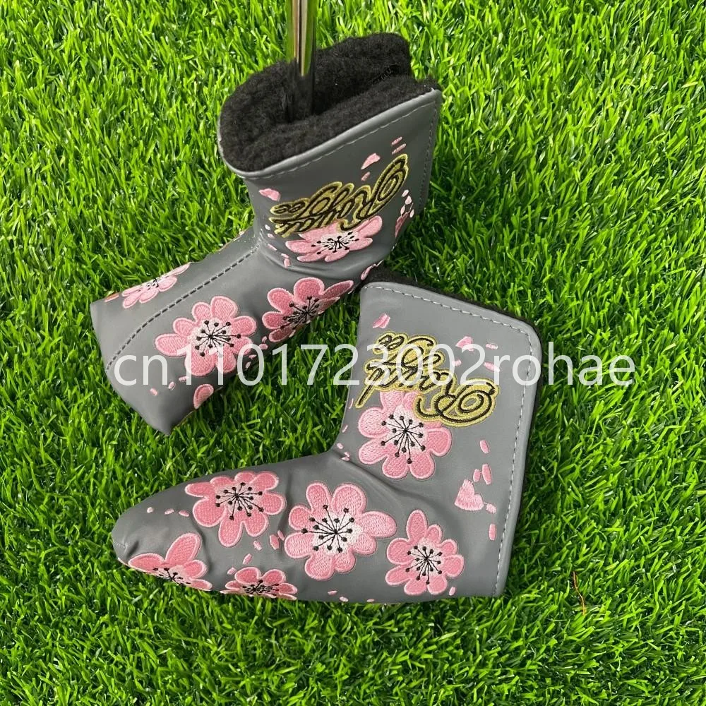 

Adorable Flower Print Golf Putter Headcover: L-Style Mallet Cover in Pink PU Leather, Sweet Club Guard