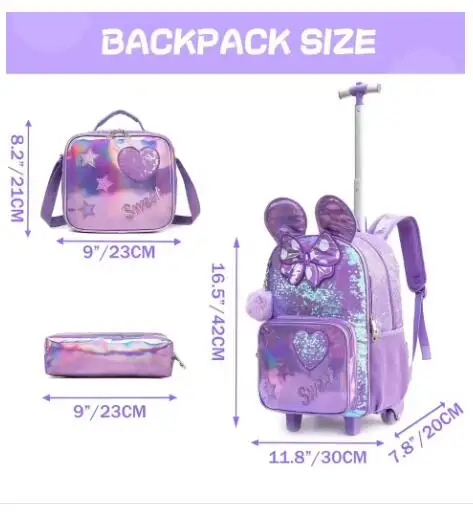 Sac à dos d'école roulant pour filles avec sac à déjeuner, grand sac à dos roulant de voyage pour sac d'école primaire 16 pouces avec roulettes