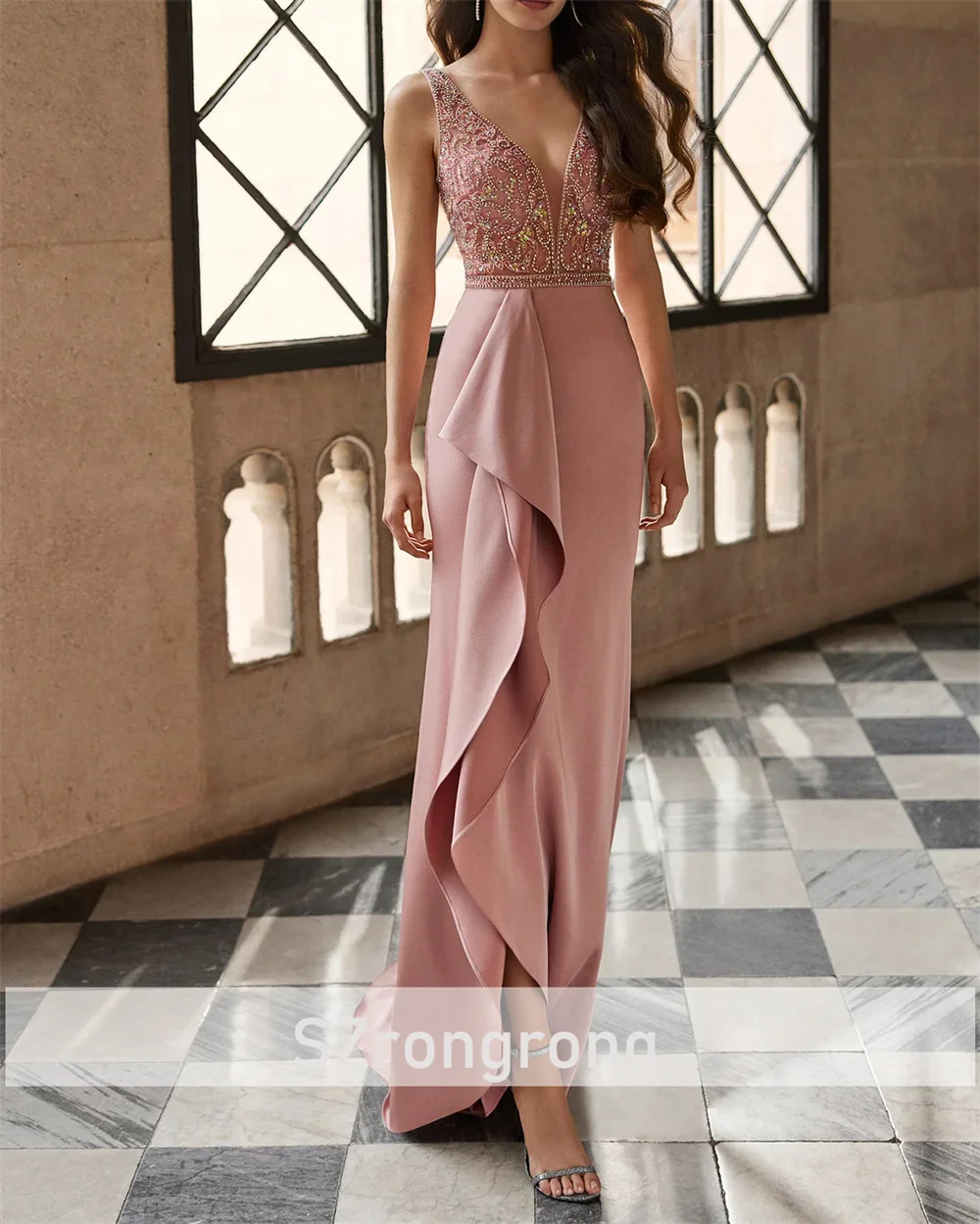 Vestido de novia elegante con cuello en V, corsé de lentejuelas de satén, vestido de noche Formal, vestido de fiesta con volantes escalonados y espalda descubierta con tren personalizado