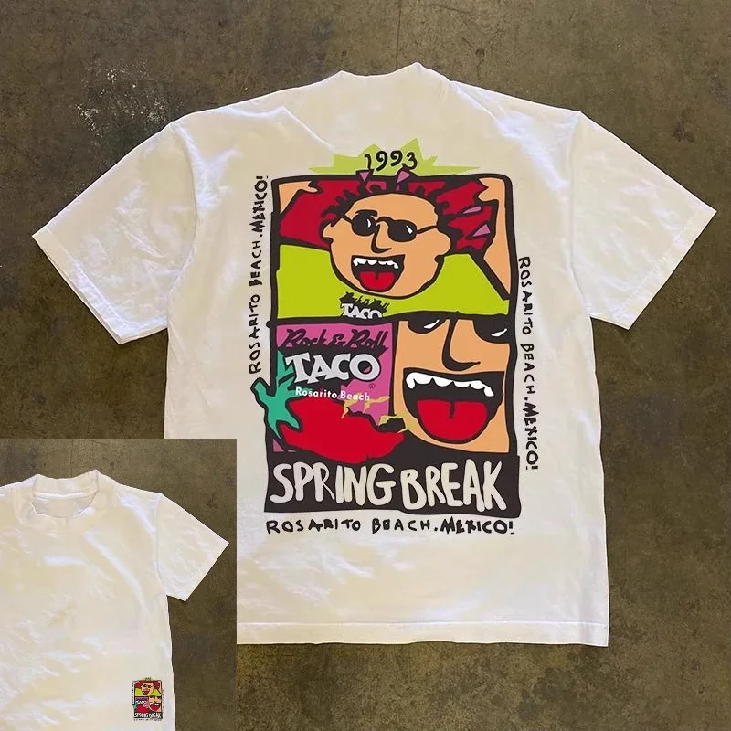 

Heavy Cotton American Hong Kong Style Graffiti Printing Men's and Women's Oversize Loose Short-sleeved T-shirt Crew Neck Top Tid