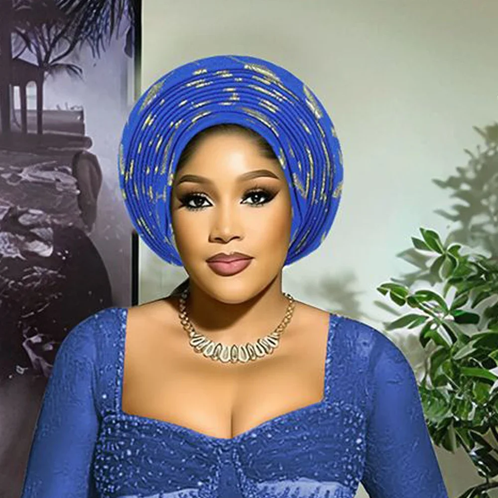 

Новая нигерийская свадебная многослойная африканская бандана с перьями, женская вечерние тюрбан, головной убор, авто Геле, мусульманский хиджаб, тюрбан, кепка, повязки на голову