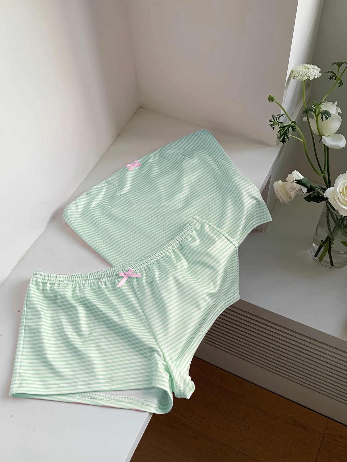 여름과 가을 신상 여성용 귀여운 캐주얼 스트라이프 도파민 여성용 파자마 바지 세트