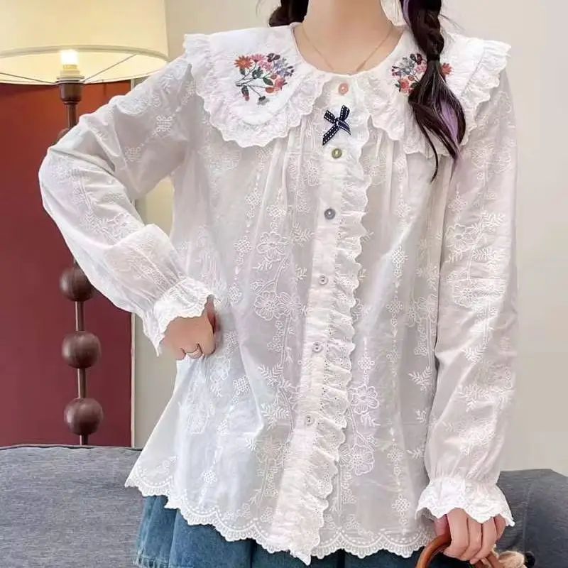 Lolita Shirt White Sweet Women Preppy Style Blouses Cute Peter Pan Collar Lace Ruffle JK Shirts Girls Long Sleeve Blusas Mujer