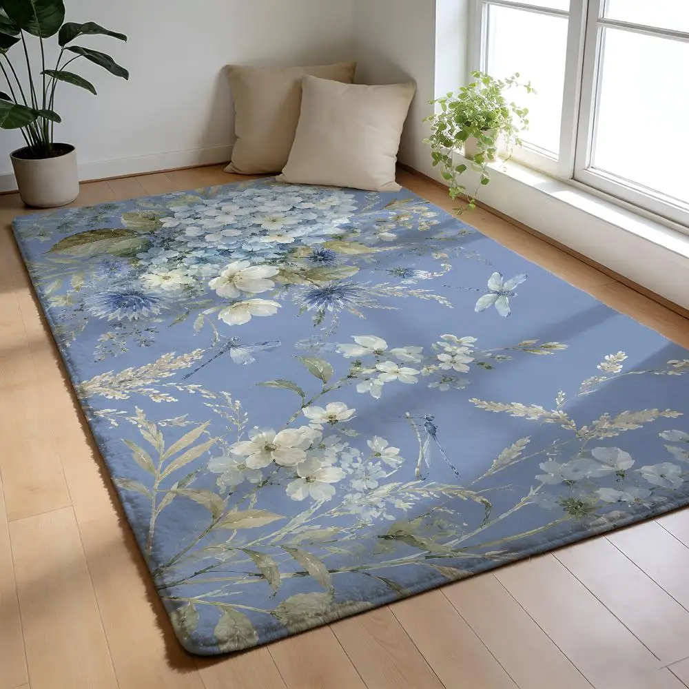Boho Blue Hydrangea Floor Mat Soft Flannel Rug Non Slip Washable Quick Dry Mat for Bathroom Bedroom Kitchen Home Decor