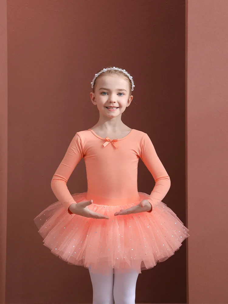 Girl Ballet Dress Sparkle Glitter Tutu Skirt Korea Design Sweet Princess Costume for Prom Children Bodysuit Gymnastic Orange