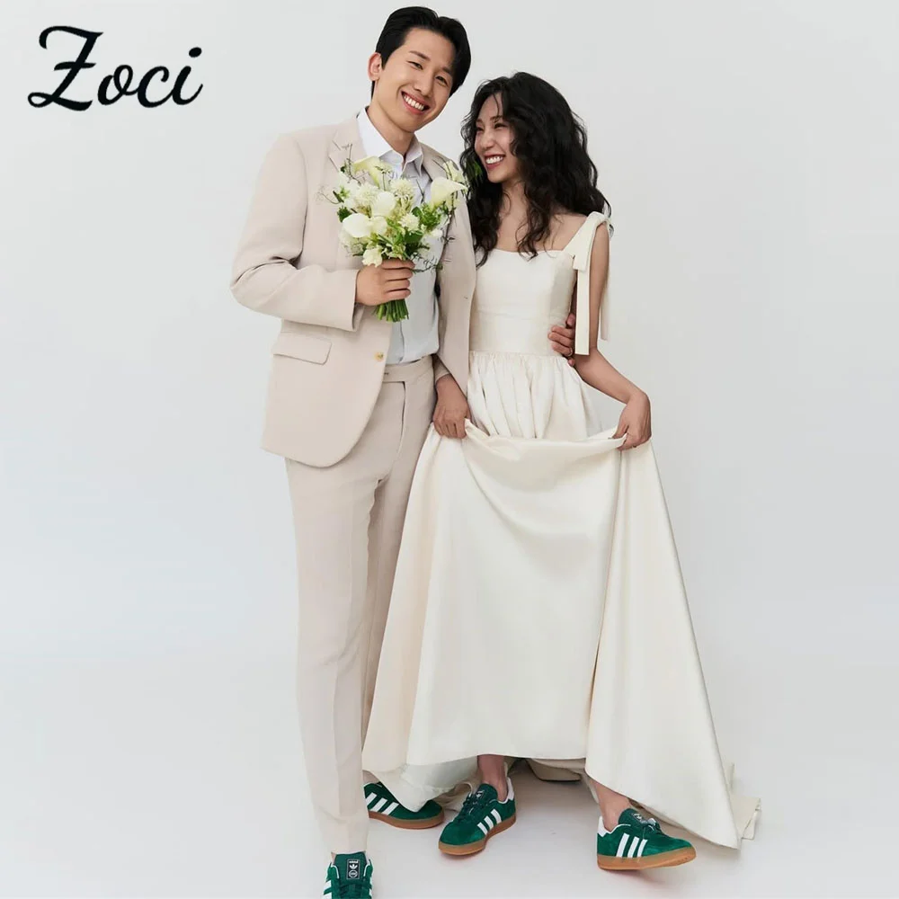 

Zoci Simple Satin A Line Korea Wedding Dresses Wide Straps Square Neck Customized Photos Shoot Sweep Train Black Bow Bridal Gown