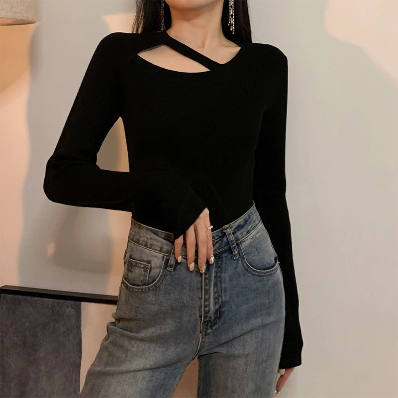 

Bla Hollow out Knitwear Women's Winter New Sle Clavicle Baring Base irt Design Sensation Small ence Top