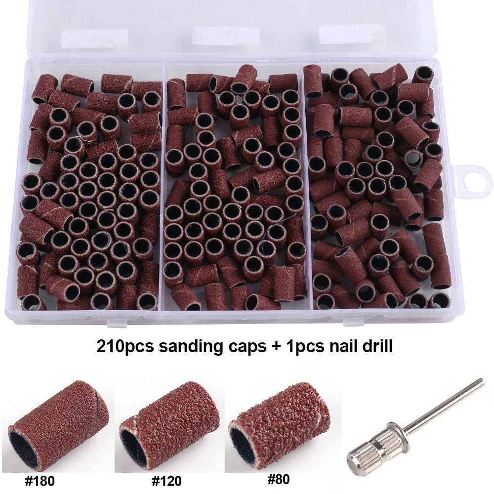 210pcs /Box Sanding Cap Bands For Electric Manicure Machine 80/120/180 Grit Nail Drill Grinding Bit Files Pedicure Tool Set