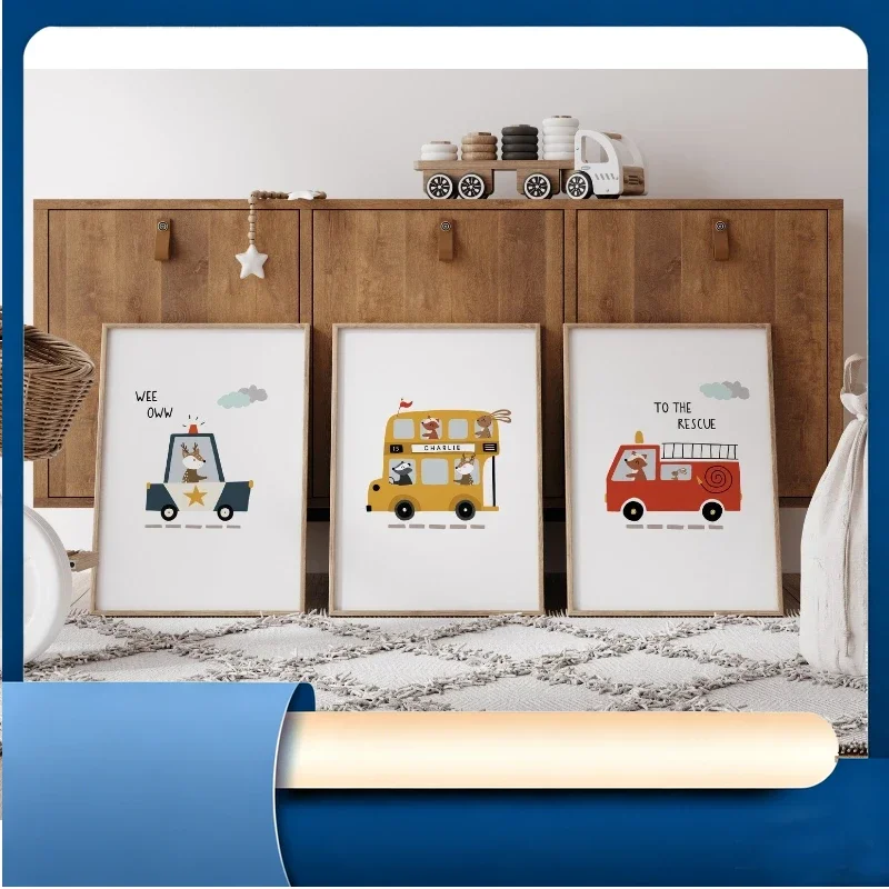 3pcs Fun Cartoon Animal Posters: Police Car, Bus, and Fire Truck—Frameless Canvas Art for Home and Kids' Room Decor
